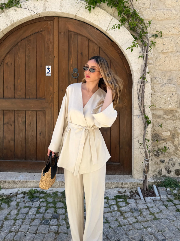 Natural Tek Düğmeli Kuşaklı Kimono Takım - 007