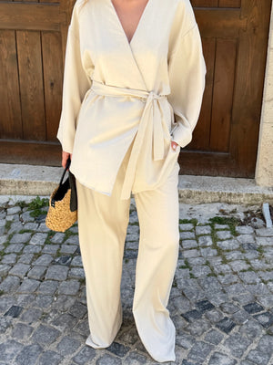 Natural Tek Düğmeli Kuşaklı Kimono Takım - 007