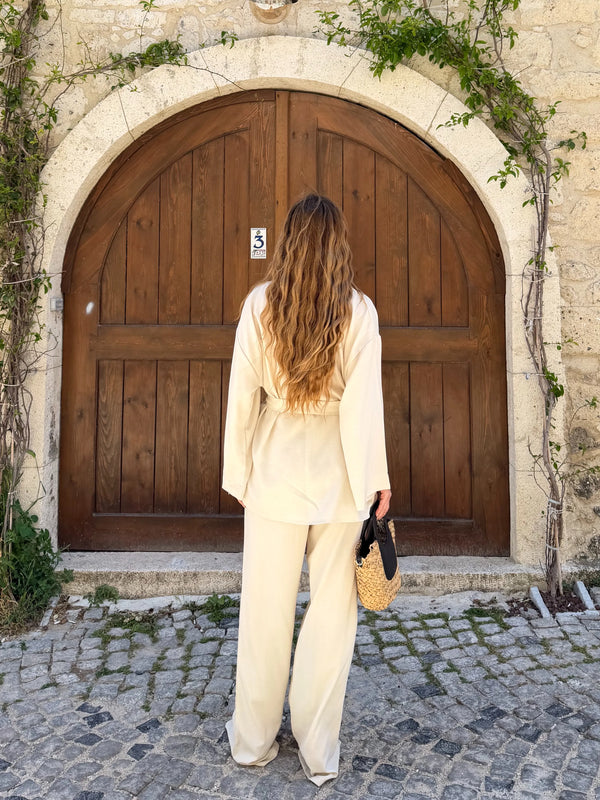 Natural Tek Düğmeli Kuşaklı Kimono Takım - 007