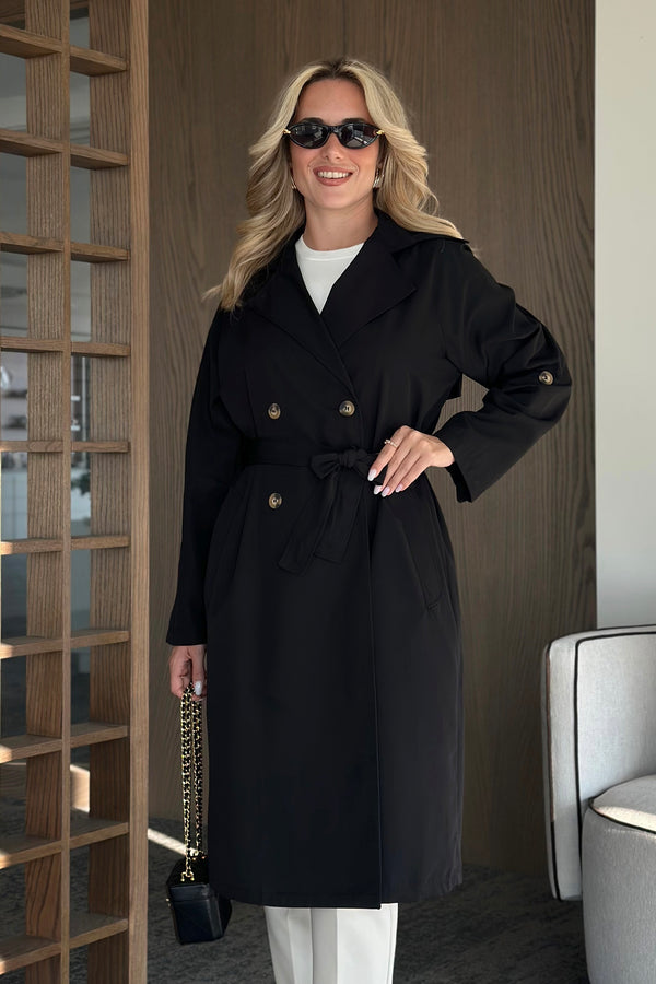 Siyah Uzun Dökümlü Trençkot - 7310