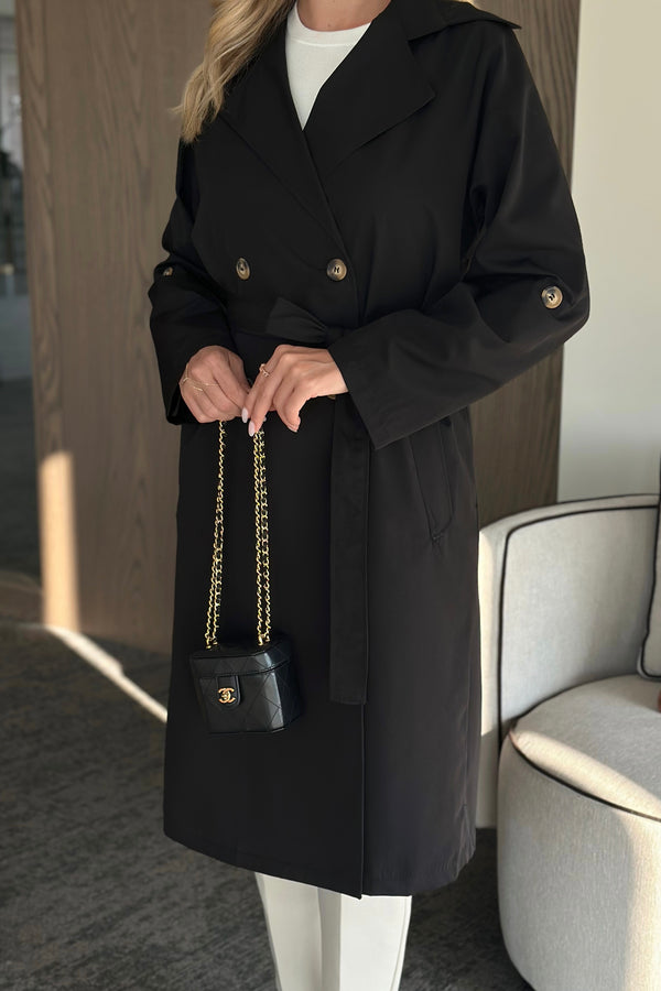 Siyah Uzun Dökümlü Trençkot - 7310