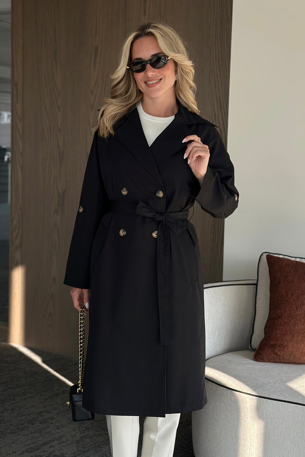 Siyah Uzun Dökümlü Trençkot - 7310