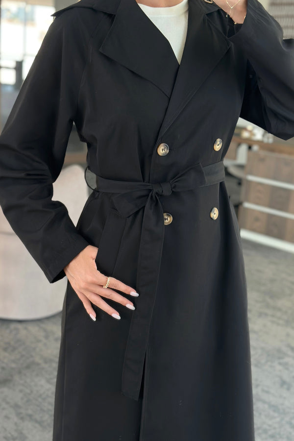 Siyah Uzun Dökümlü Trençkot - 7310