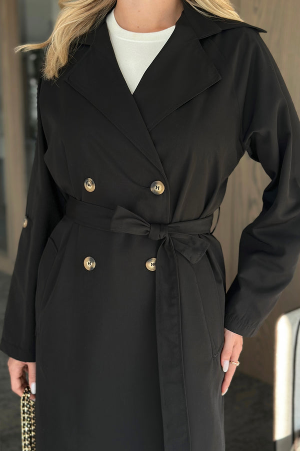 Siyah Uzun Dökümlü Trençkot - 7310