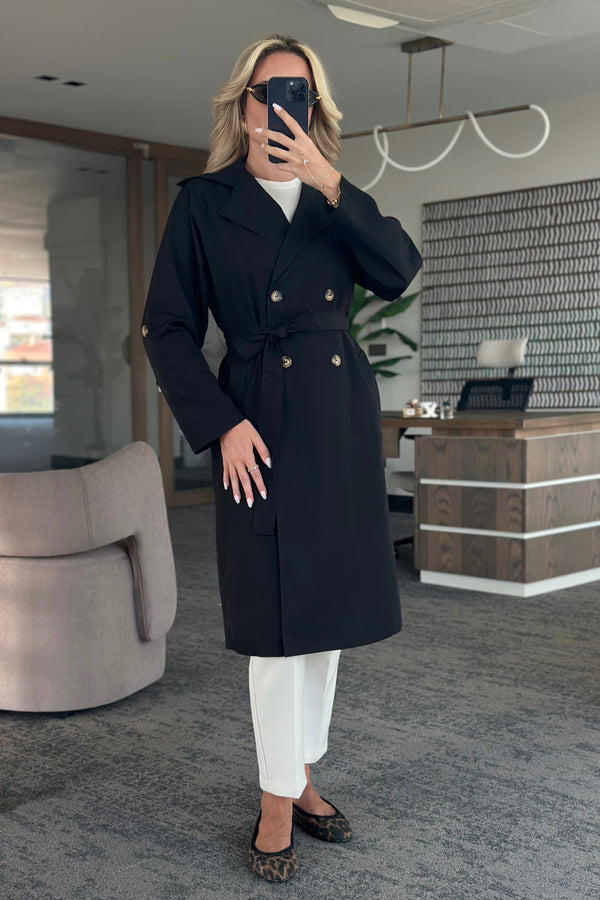 Siyah Uzun Dökümlü Trençkot - 7310