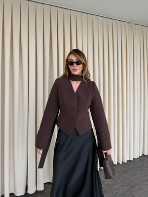 Kahverengi Vatkalı Fularlı Ceket - 85175