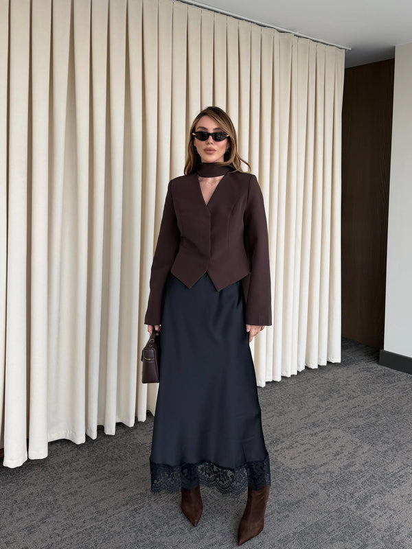 Kahverengi Vatkalı Fularlı Ceket - 85175