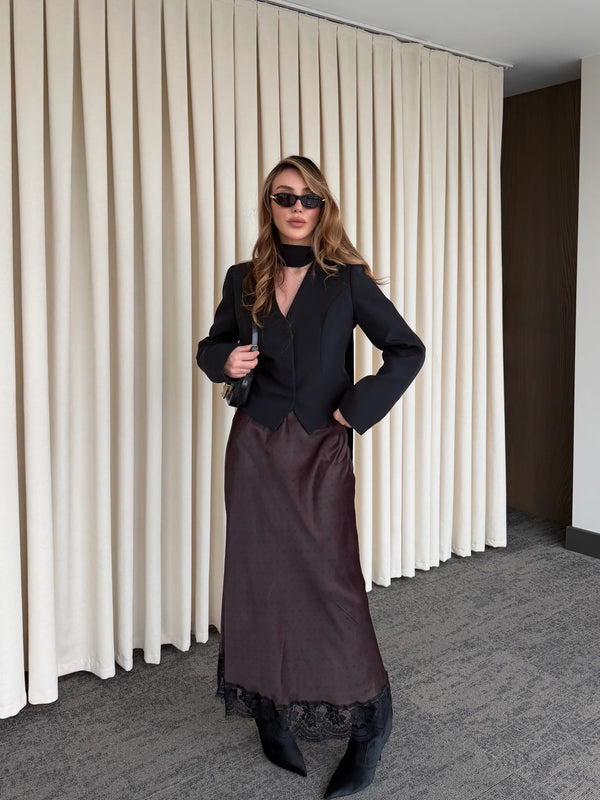 Siyah Vatkalı Fularlı Ceket - 85175