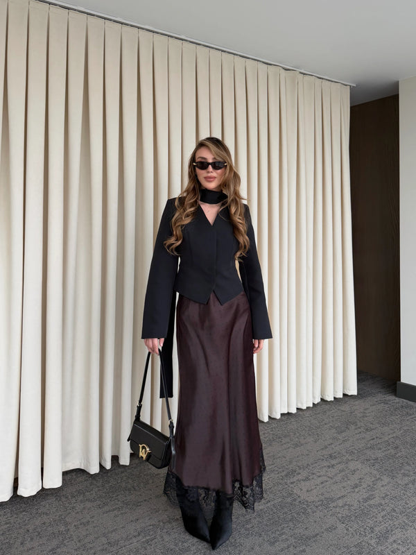 Siyah Vatkalı Fularlı Ceket - 85175