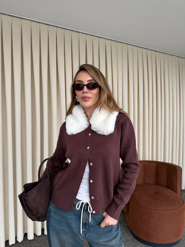 Bordo Yakası Kürklü Hırka - 261002