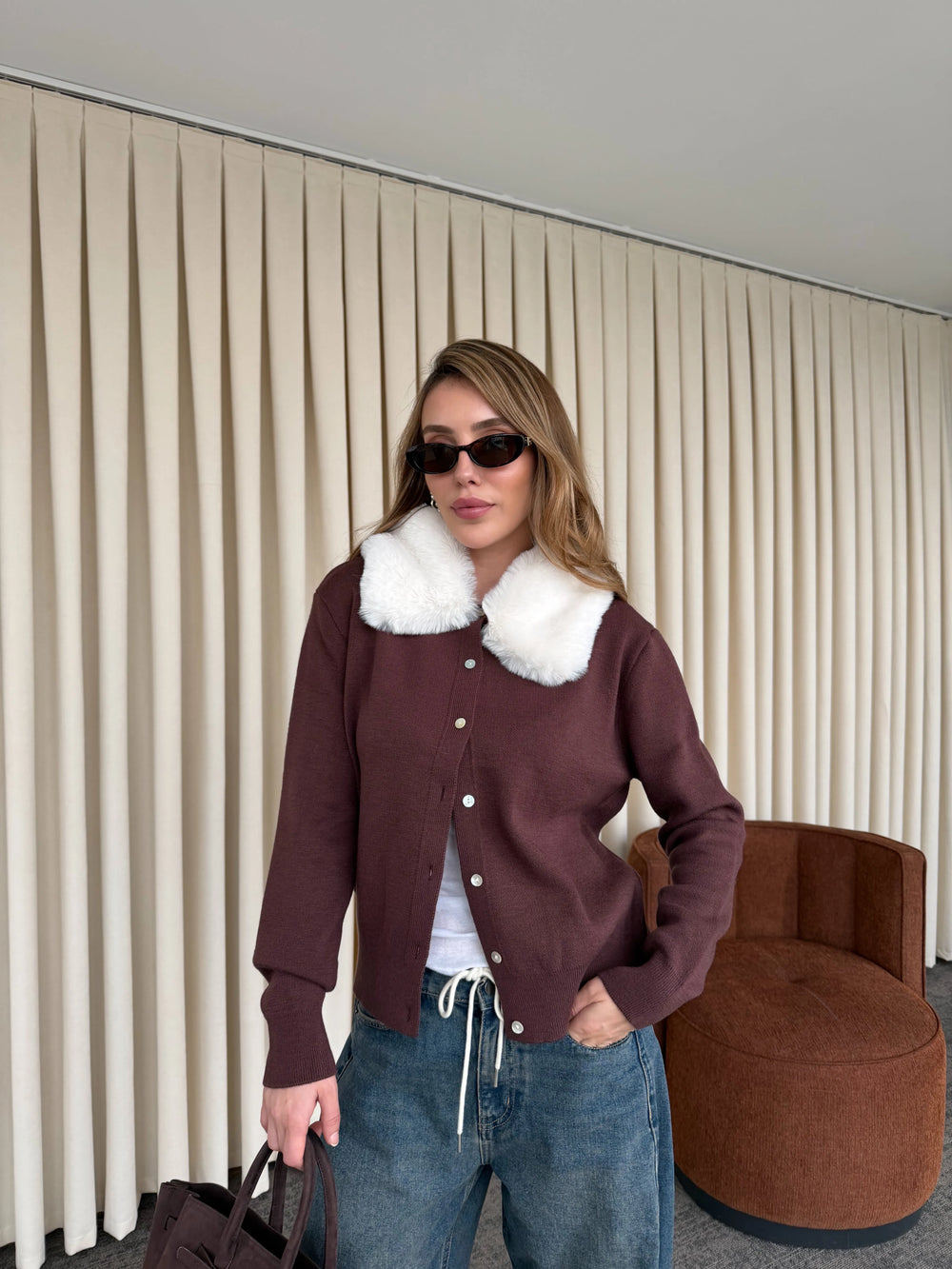 Bordo Yakası Kürklü Hırka - 261002