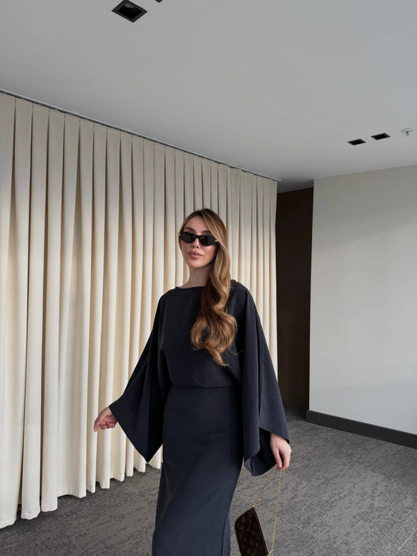 Siyah Yarasa Kol Modal Elbise - 5000