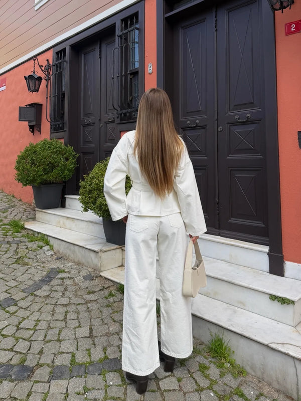Ekru Bağlamalı Denim Ceket Pantolon Takım