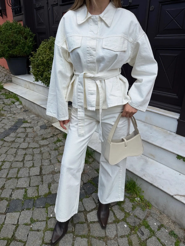 Ekru Bağlamalı Denim Ceket Pantolon Takım