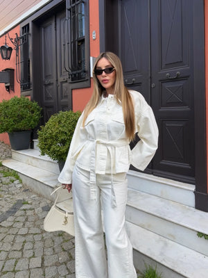 Ekru Bağlamalı Denim Ceket Pantolon Takım