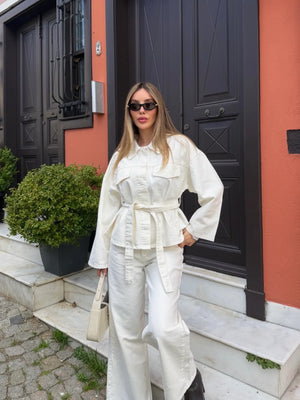 Ekru Bağlamalı Denim Ceket Pantolon Takım
