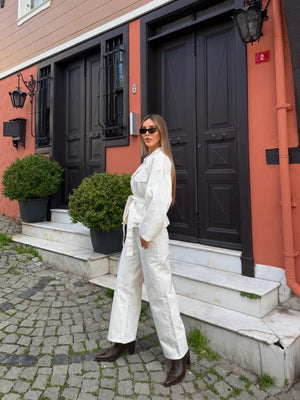 Ekru Bağlamalı Denim Ceket Pantolon Takım