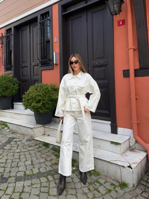 Ekru Bağlamalı Denim Ceket Pantolon Takım