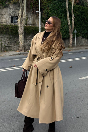 Karamel Lucky Düğme Detaylı Oversize Trençkot