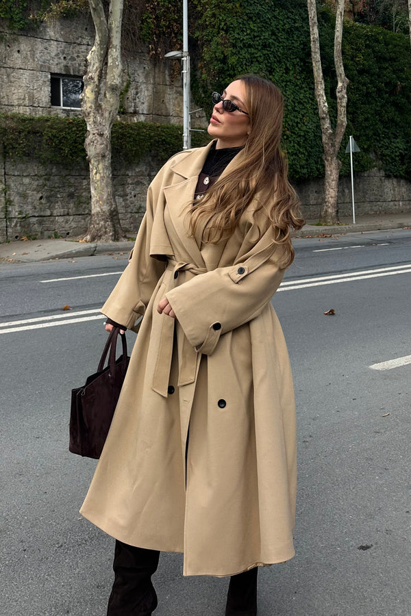 Karamel Lucky Düğme Detaylı Oversize Trençkot