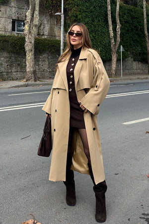 Karamel Lucky Düğme Detaylı Oversize Trençkot
