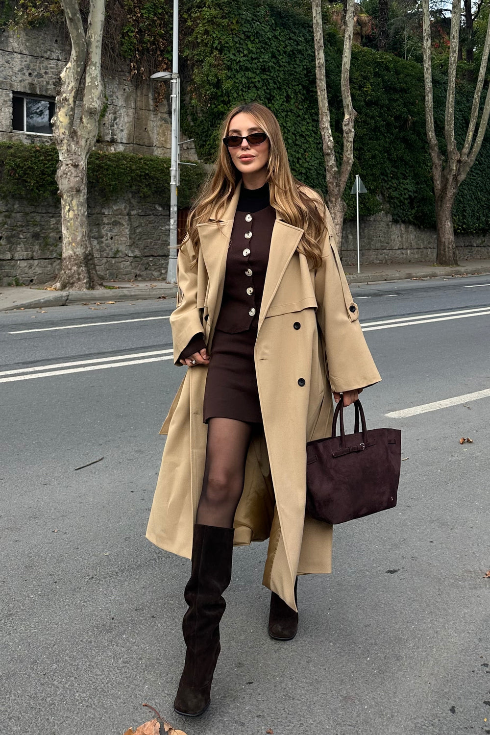 Karamel Lucky Düğme Detaylı Oversize Trençkot