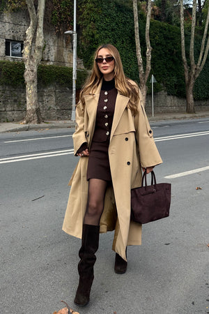 Karamel Lucky Düğme Detaylı Oversize Trençkot