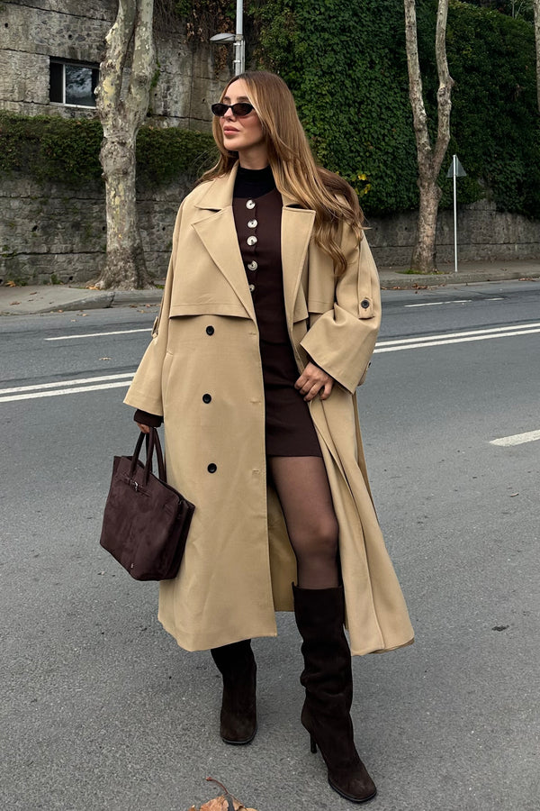 Karamel Lucky Düğme Detaylı Oversize Trençkot