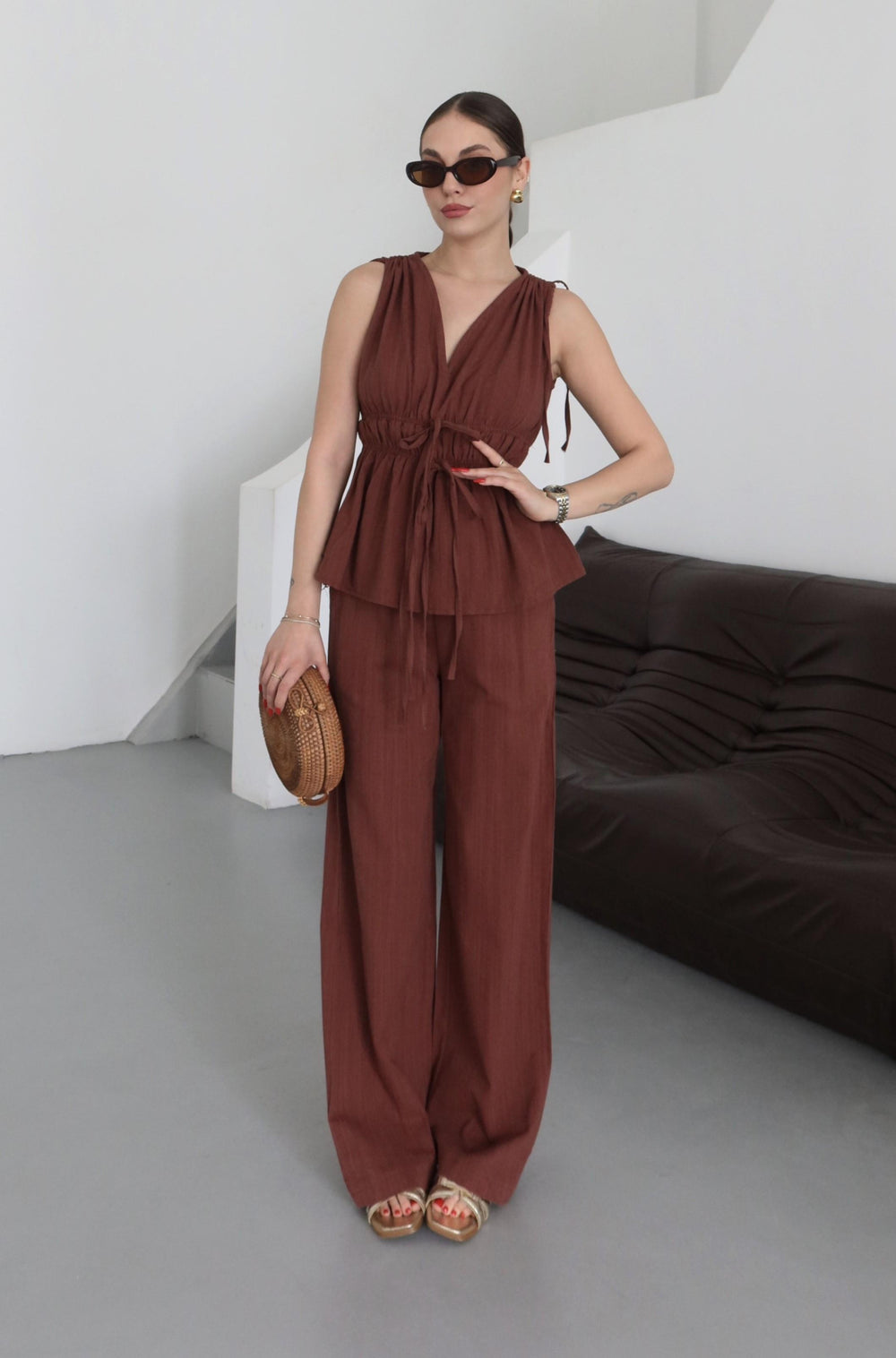 Kiremit %100 Pamuk Omuz Bel Büzgülü Bluz Pantolon Takım