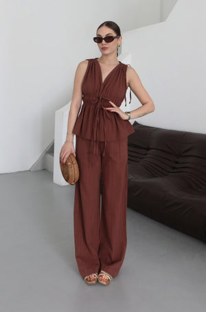 Kiremit %100 Pamuk Omuz Bel Büzgülü Bluz Pantolon Takım