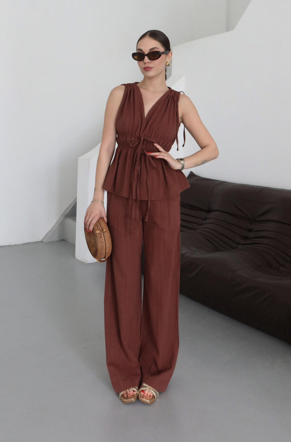 Kiremit %100 Pamuk Omuz Bel Büzgülü Bluz Pantolon Takım