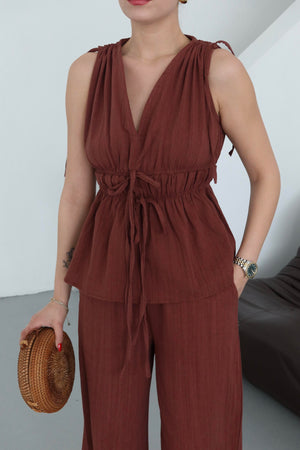 Kiremit %100 Pamuk Omuz Bel Büzgülü Bluz Pantolon Takım