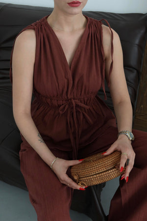 Kiremit %100 Pamuk Omuz Bel Büzgülü Bluz Pantolon Takım