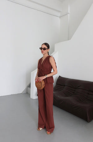 Kiremit %100 Pamuk Omuz Bel Büzgülü Bluz Pantolon Takım