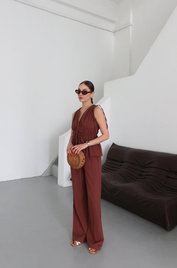 Kiremit %100 Pamuk Omuz Bel Büzgülü Bluz Pantolon Takım