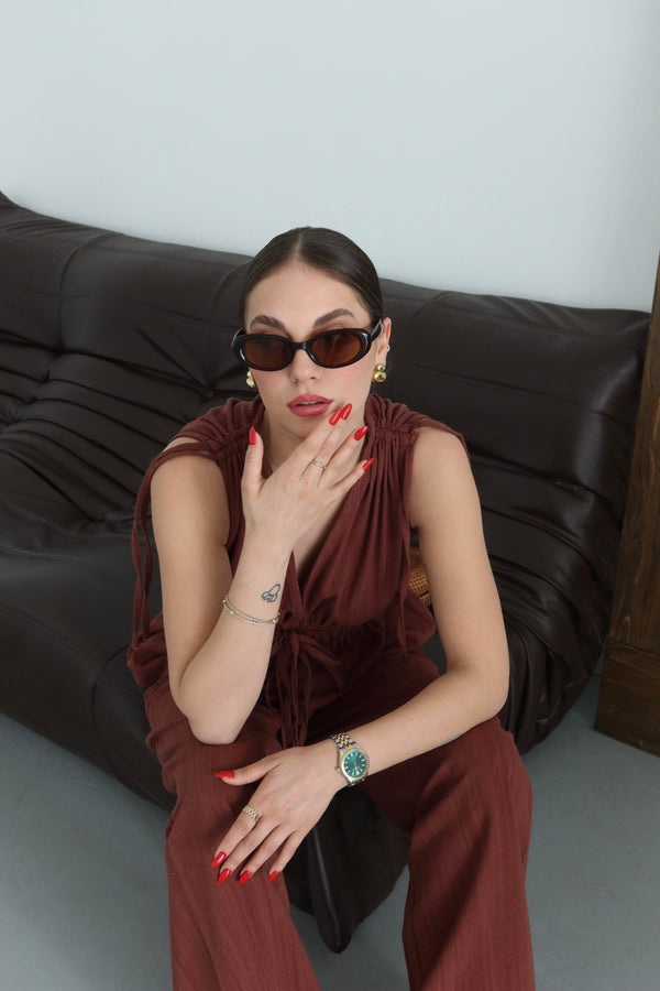 Kiremit %100 Pamuk Omuz Bel Büzgülü Bluz Pantolon Takım