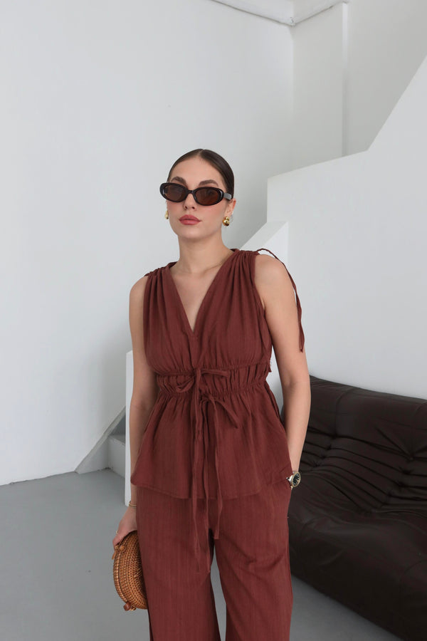 Kiremit %100 Pamuk Omuz Bel Büzgülü Bluz Pantolon Takım