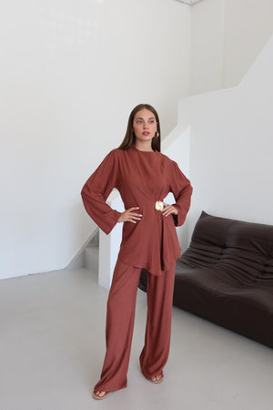 Kiremit Gold Broşlu Bluz Pantolon Takım