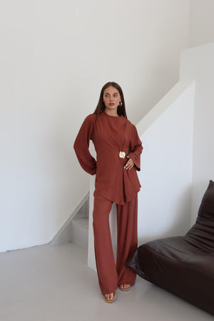 Kiremit Gold Broşlu Bluz Pantolon Takım