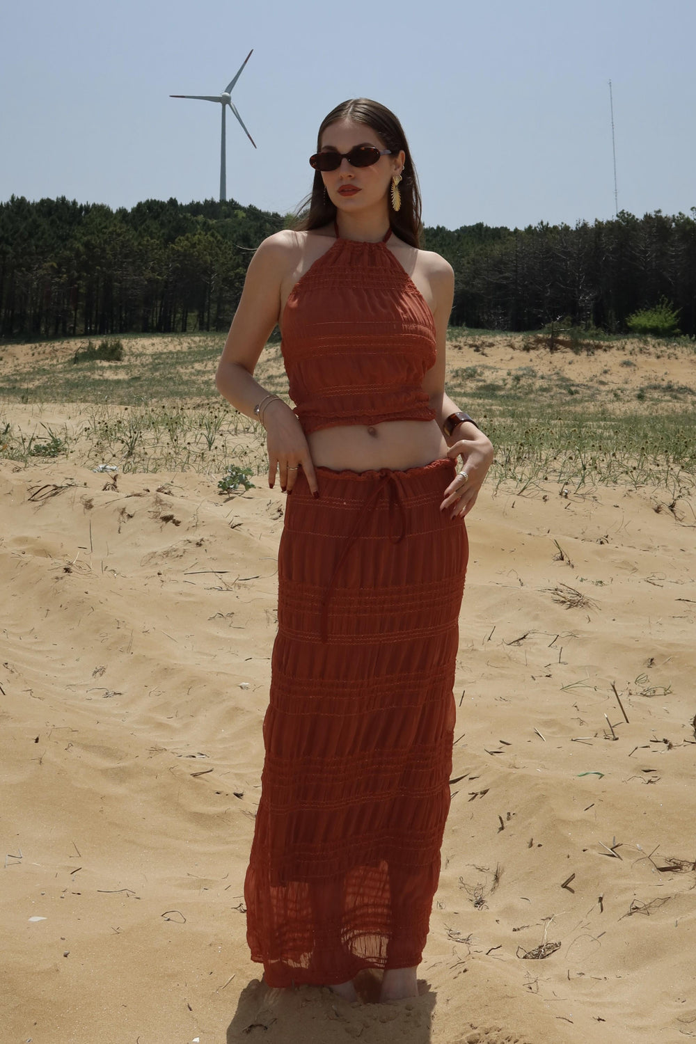 Kiremit Pullu Şifon Bluz Etek Takım