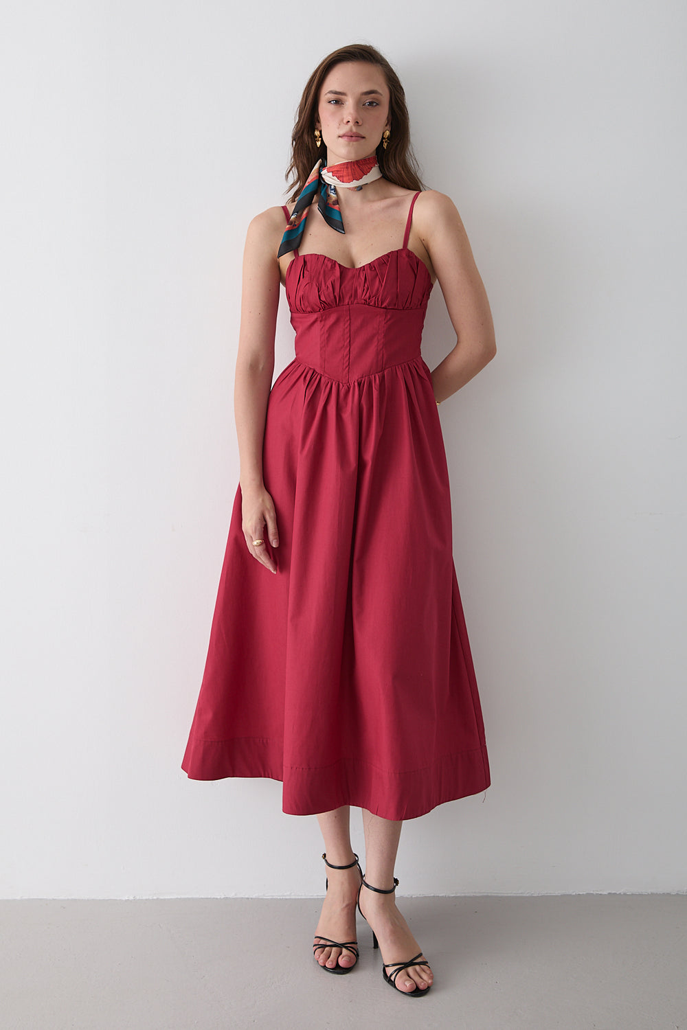 Kırmızı Bel Detaylı Poplin Elbise - 2001