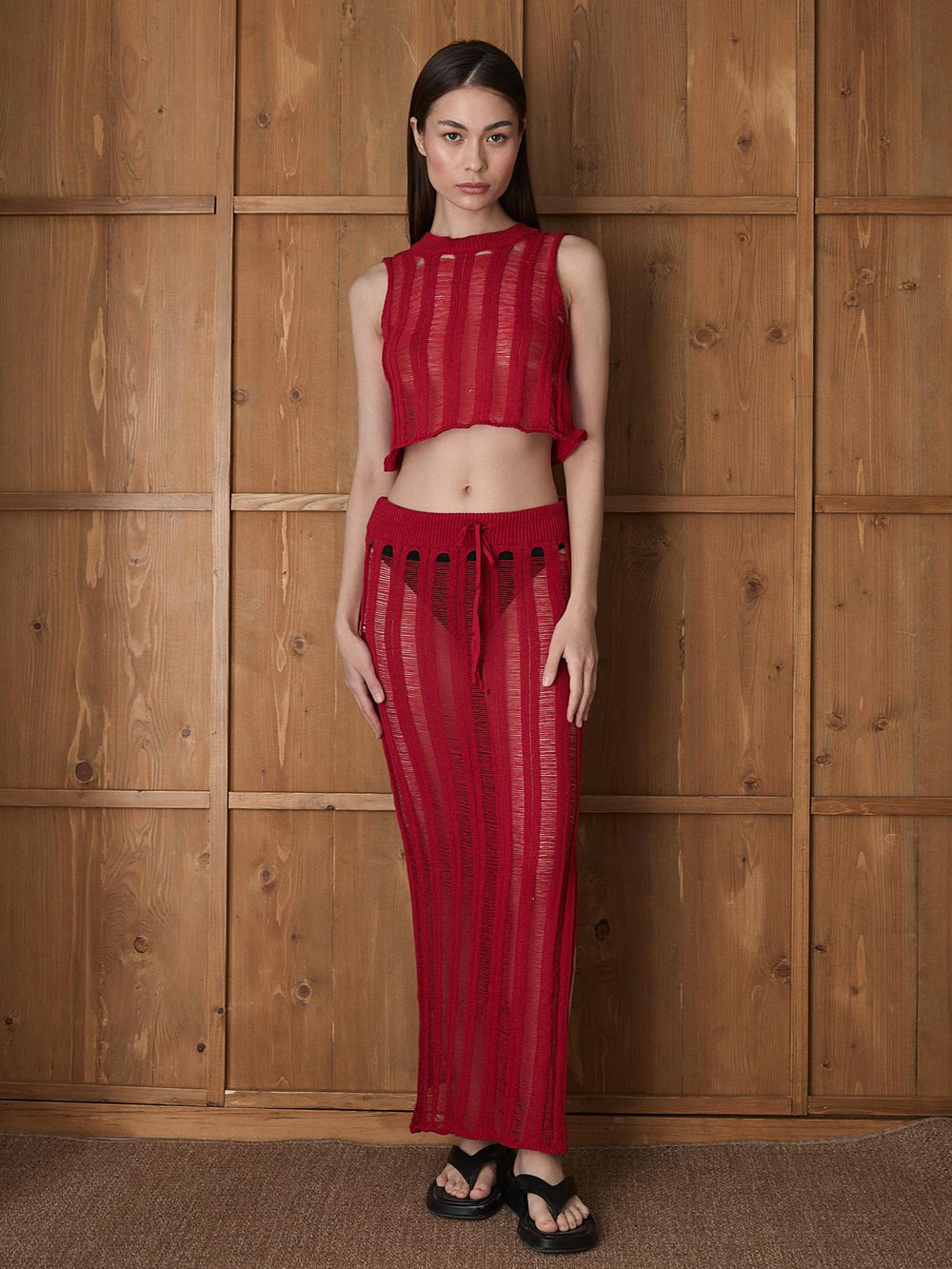 Kırmızı Bluz Etek Plaj Takım