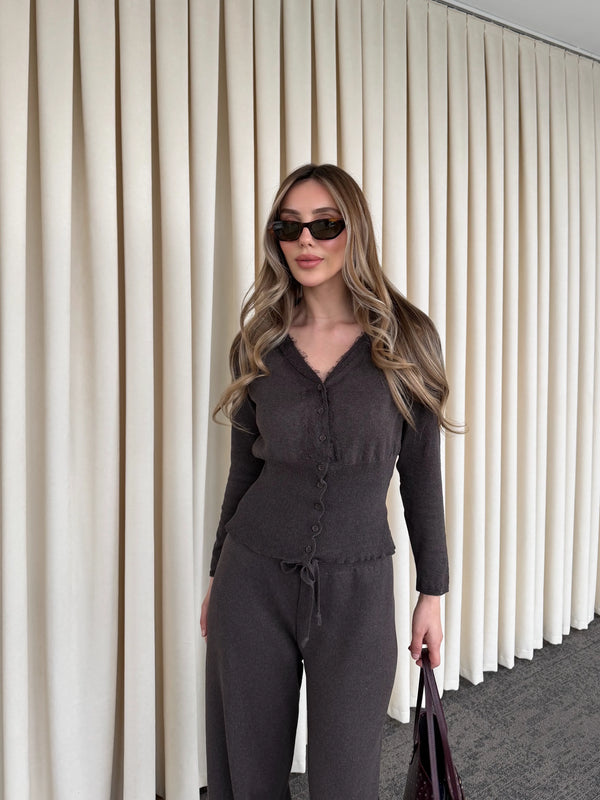 Kahverengi Dantelli İkili Triko Takım - 2602