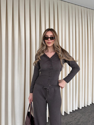 Kahverengi Dantelli İkili Triko Takım - 2602