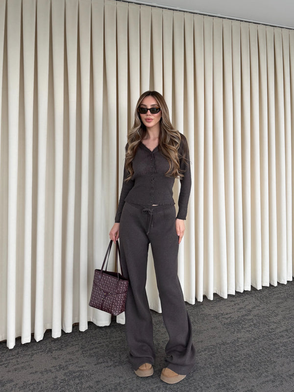 Kahverengi Dantelli İkili Triko Takım - 2602