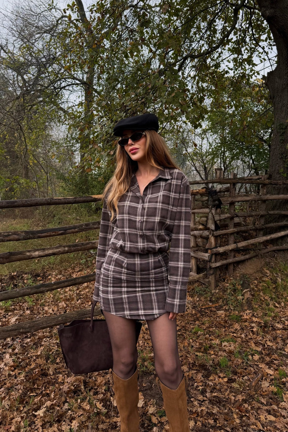 Kahverengi Ekose Gömlek Elbise - 4989