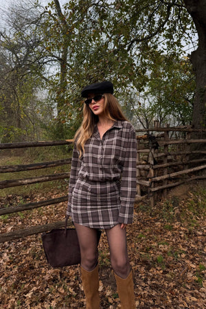 Kahverengi Ekose Gömlek Elbise - 4989