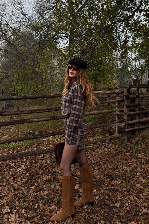 Kahverengi Ekose Gömlek Elbise - 4989