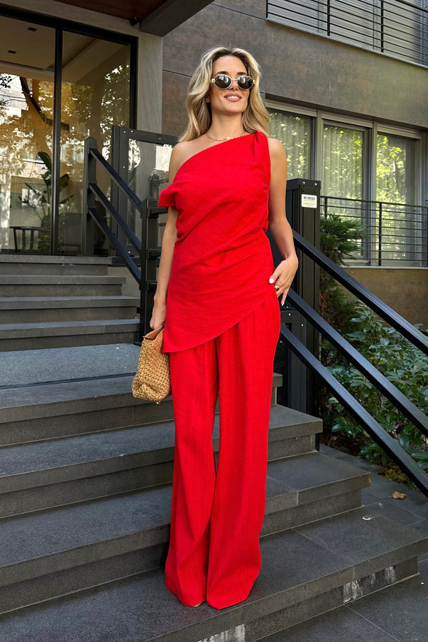 Kırmızı Estela Bluz Pantolon Takım