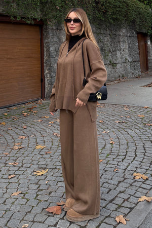 Sütlü Kahverengi Fermuarlı Kapüşonlu Triko Takım - 0511